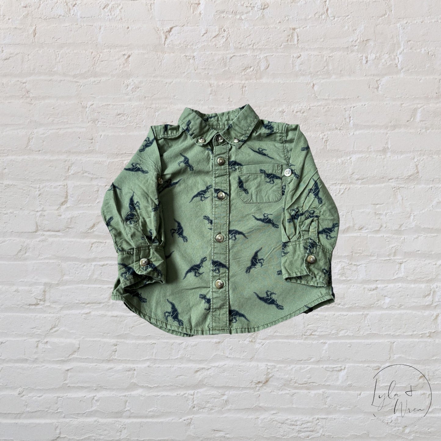 Old Navy Green Dinosaur Button Down Shirt | 12-18 M