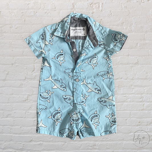 Shark Print Collared Romper | 0-3 M