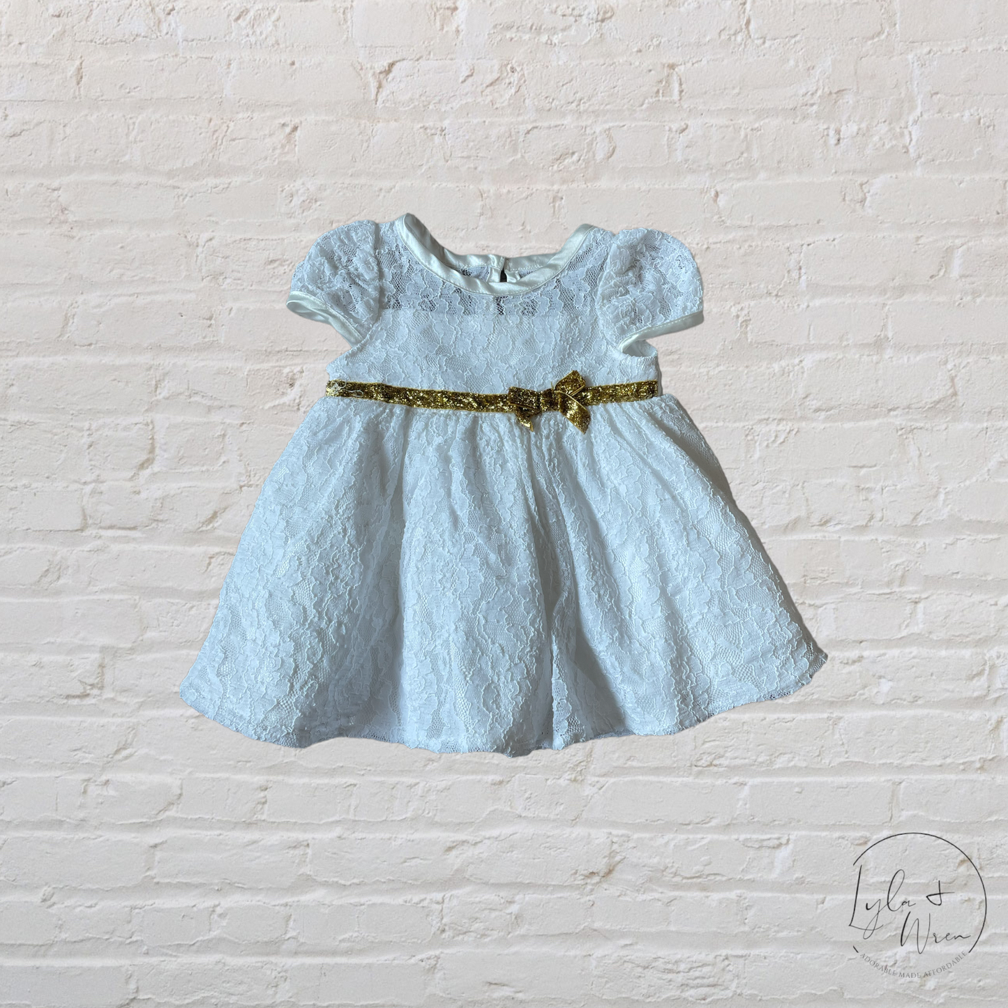 White Lace + Gold Sparkle Dress | 0-3 M