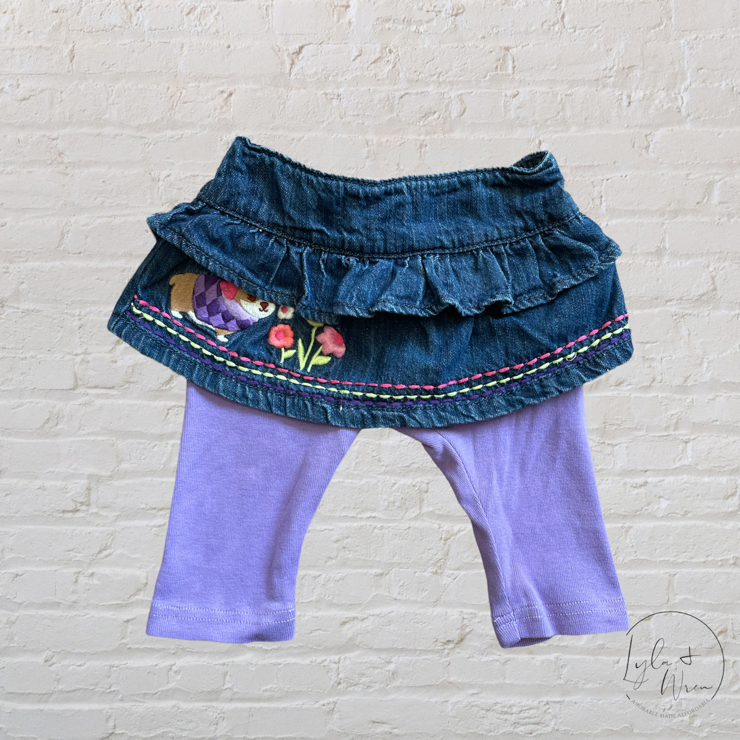 Vintage Gymboree Corgi Ruffled Jean Skirt with Attached Leggings | 3-6 M